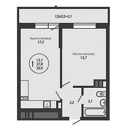 1 комнатная 39.9м²