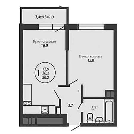 1 комнатная 39.2м²