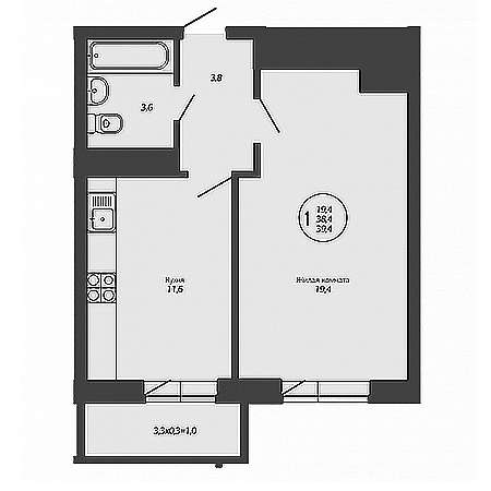 1 комнатная 39.4м²