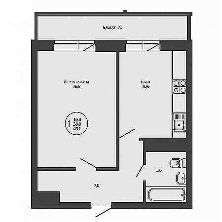 1 комнатная 40.1м²