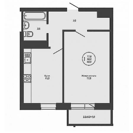 1 комнатная 40.9м²