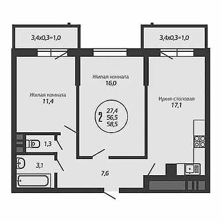 2 комнатная 58.5м²