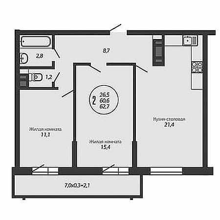 2 комнатная 62.7м²