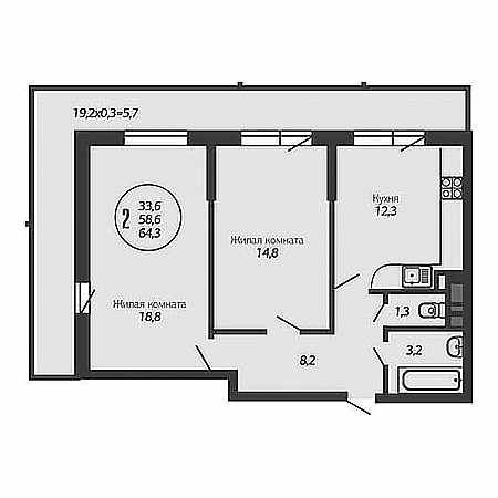 2 комнатная 64.3м²