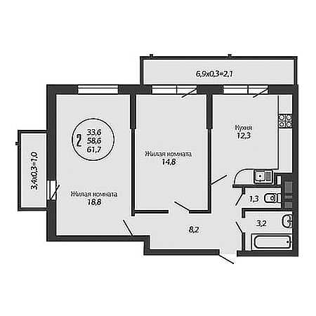 2 комнатная 61.7м²