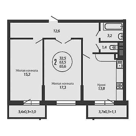 2 комнатная 65.6м²