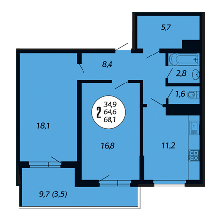 2 комнатная 68.1м²