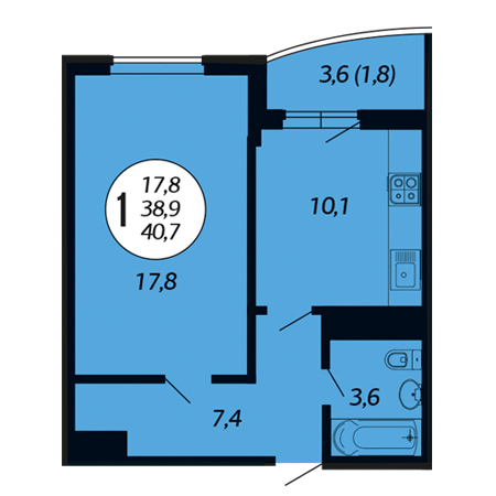 1 комнатная 40.7м²