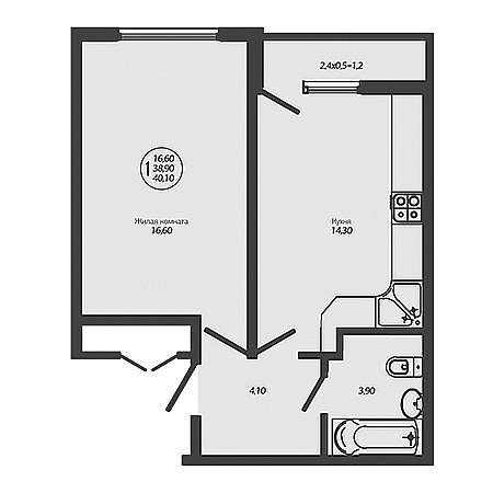 1 комнатная 40.1м²