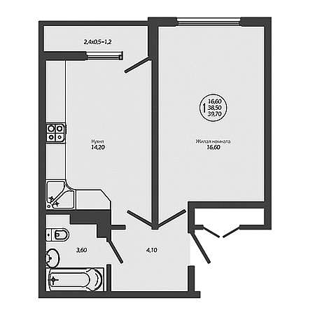 1 комнатная 39.7м²