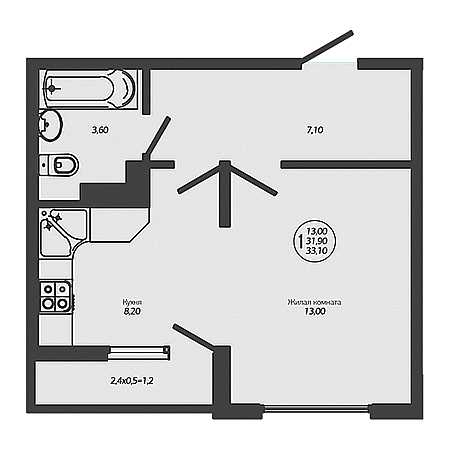 1 комнатная 33.1м²