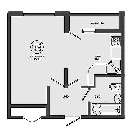 1 комнатная 32.2м²