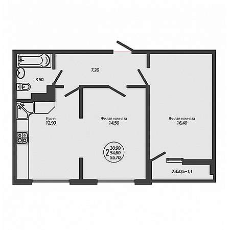 2 комнатная 55.7м²