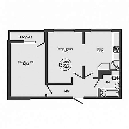 2 комнатная 50.9м²