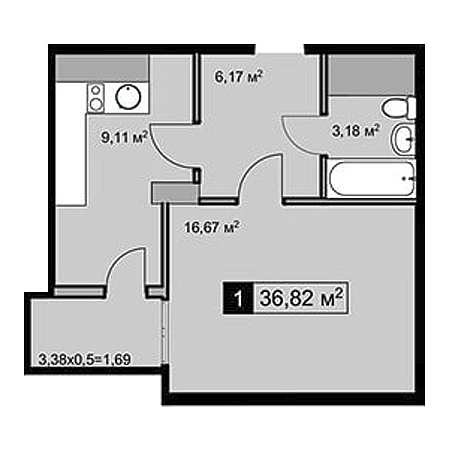 1 комнатная 36.82м²