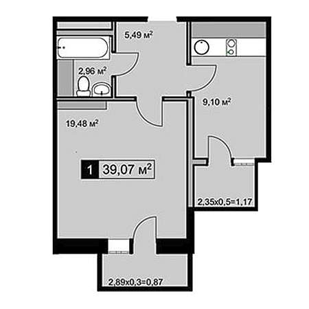 1 комнатная 39.07м²