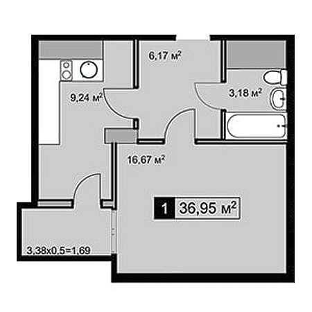 1 комнатная 36.95м²