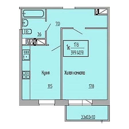 1 комнатная 40.9м²