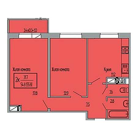 2 комнатная 55.8м²