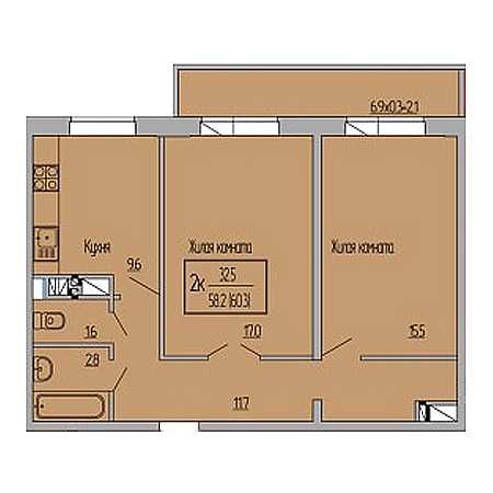 2 комнатная 60.3м²