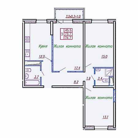 3 комнатная 74.7м²