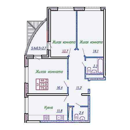 3 комнатная 75.6м²