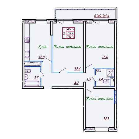 3 комнатная 75.8м²