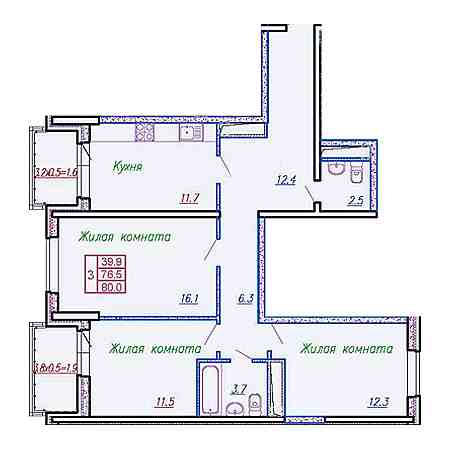 3 комнатная 80м²