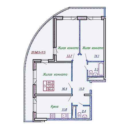 3 комнатная 84.4м²