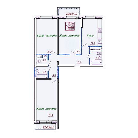 3 комнатная 88.2м²