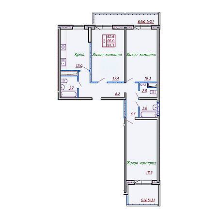 3 комнатная 91.1м²