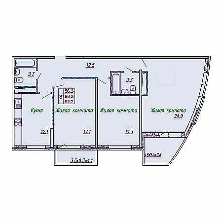 3 комнатная 92.2м²