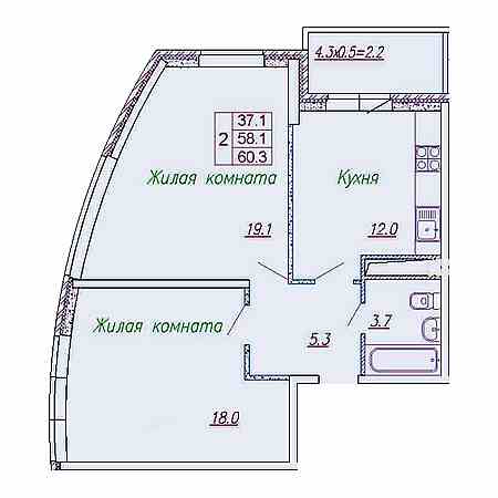 2 комнатная 60.3м²