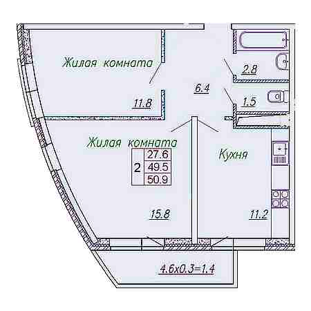 2 комнатная 50.9м²