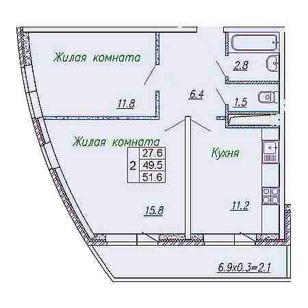 2 комнатная 51.6м²