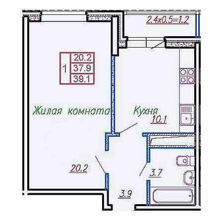 1 комнатная 39.1м²