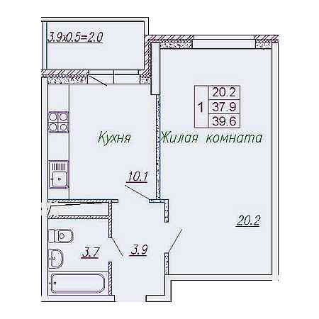 1 комнатная 39.6м²