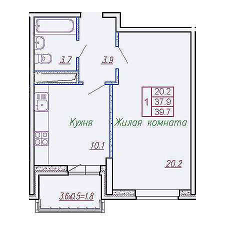 1 комнатная 39.7м²