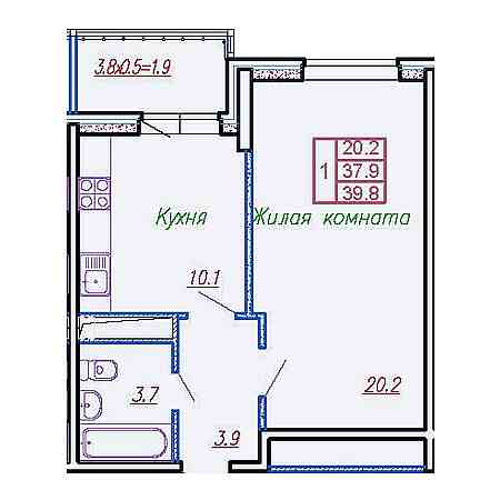 1 комнатная 39.8м²