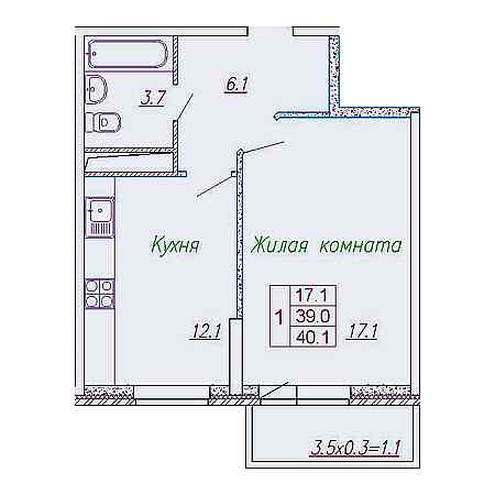 1 комнатная 40.1м²