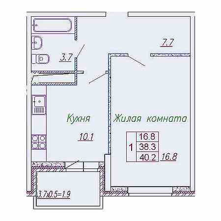 1 комнатная 40.2м²