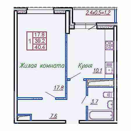 1 комнатная 40.4м²