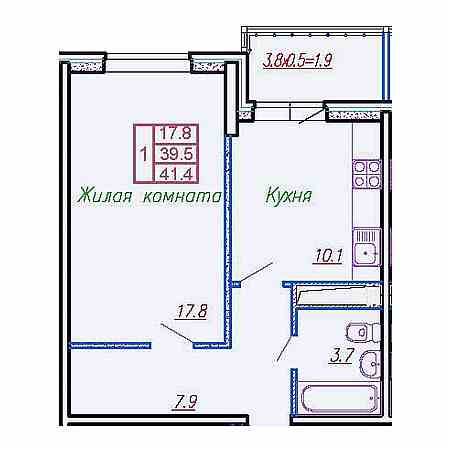 1 комнатная 41.4м²