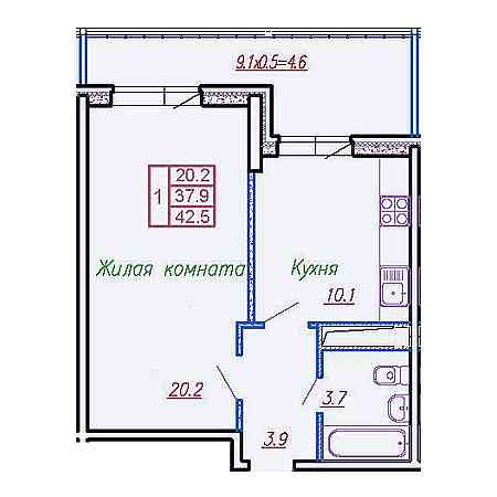 1 комнатная 42.5м²