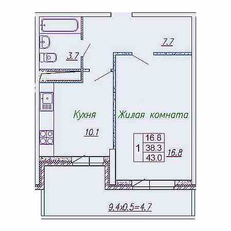 1 комнатная 43м²