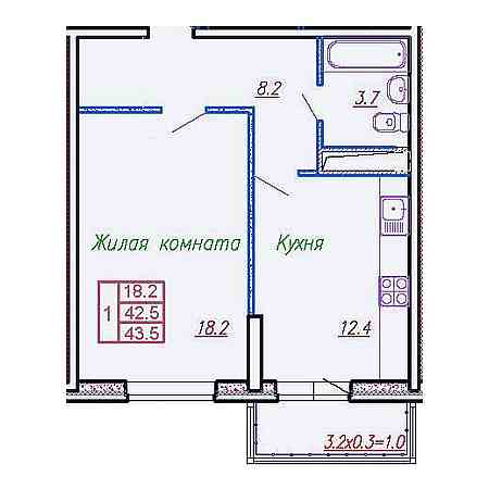 1 комнатная 43.5м²