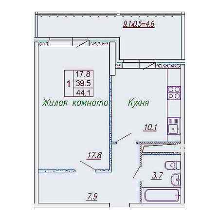 1 комнатная 44.1м²