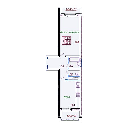 1 комнатная 47.8м²