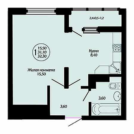 1 комнатная 32.3м²