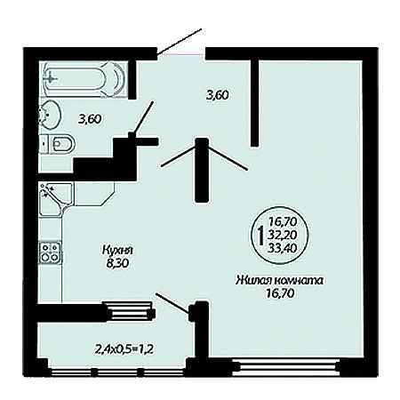 1 комнатная 33.4м²